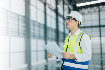 warehouse manager with tablet and ..radio communication his worker working in background in warehouse distribution center environment. Business warehouse inventory,contruction warehouse