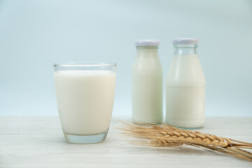 Glass of milk on blue background and bokeh of light ,Concept of farm dairy products with copy space.