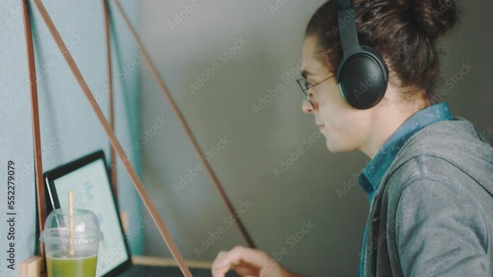 Poster Web design, man laptop and drinking smoothie while designing website homepage in a creative design agency. Internet, pc and male website design expert for ux, ui page in a professional workplace
