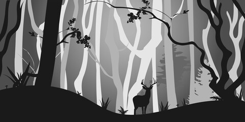 Black-white landscape with silhouettes. Silhouettes of plants and animals. Nature and ecology. Website banner, wallpaper, template.