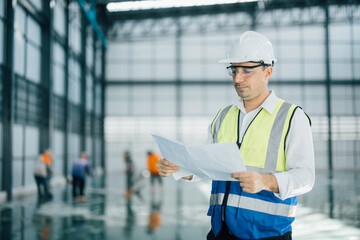 warehouse manager with tablet and ..radio communication his worker working in background in...