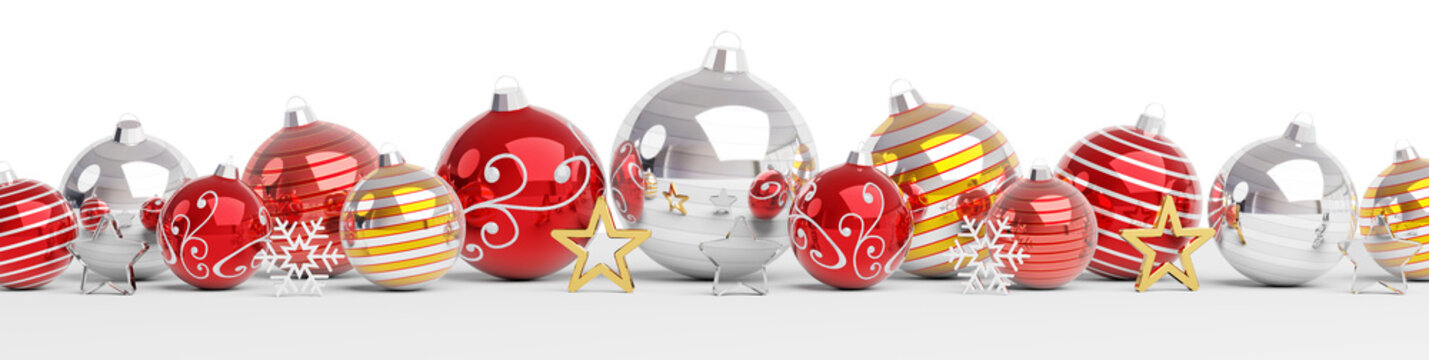 Isolated glossy christmas decoration lined up on white. 3D rendering red shiny baubles ornaments. Merry Xmas cut out background