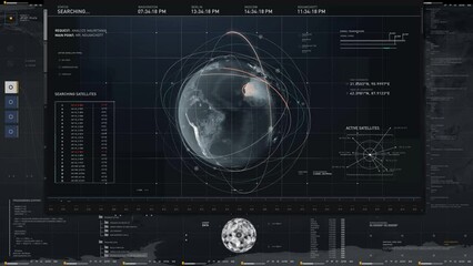 Planetary tracking interface used by military forces. Planetary tracking interface is searching for the position of available satellite signals. Planetary tracking interface analyzing the world map.
