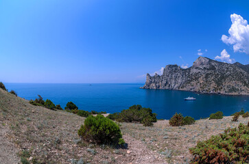 Rocky scenic trail near the shore. Beautiful views of the sea coast of Crimea 