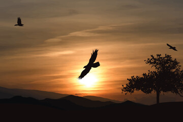 Fototapeta na wymiar Vector silhouette of nature on sunset background.