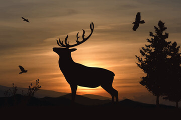 Vector silhouette of forest with deer on sunset background.