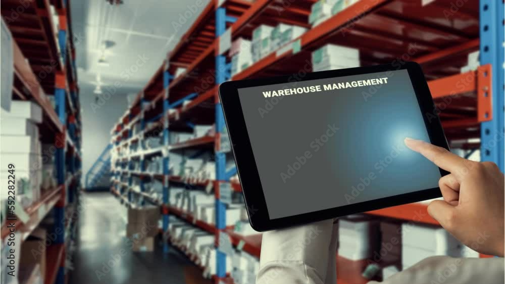 Poster warehouse management deft software in computer for real time monitoring of goods package delivery . 