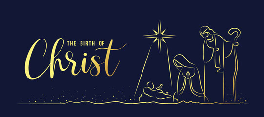The birth of christ - abstract gold line drawing The Nativity with mary and joseph in a manger with baby Jesus on dark blue background vector design - 552282208