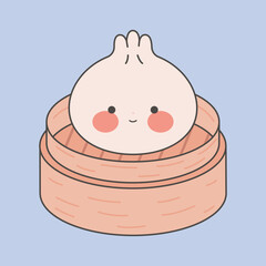 Cute dumplings in bamboo steamer. Kawaii dim sum. Asian Traditional Cuisine. Stock vector illustration in cartoon flat style.