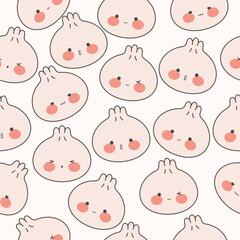 Pattern with kawaii dumplings. Cute dim sum with different emotions. Traditional Chinese food. Stock vector flat illustration