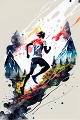 Trail runner in the mountains. Beautiful abstract painting, smudge, drips, spattered. Colorful creative illustration generated by Ai