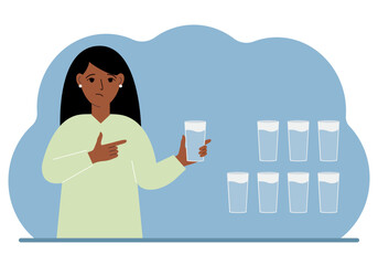 The woman is holding a glass of water. Water balance infographic. 8 glasses of water every day. Healthy lifestyle.