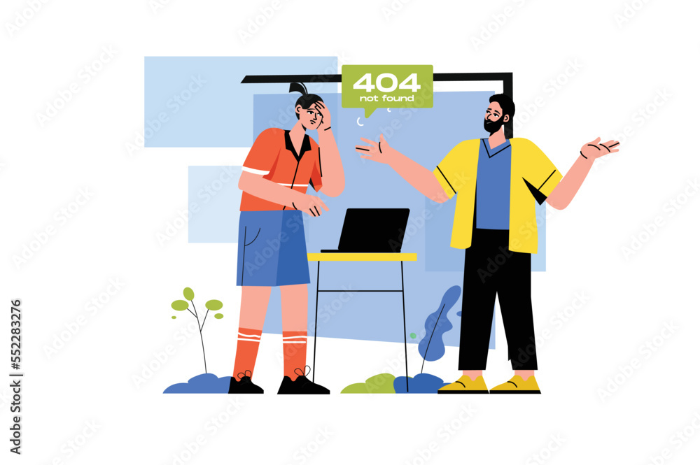 Aufkleber 404 not found color concept with people scene in the flat cartoon style. two programmer discuss how 