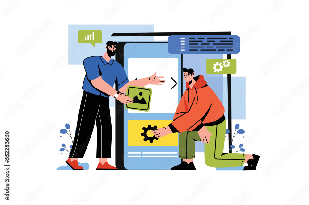 Aufkleber app development color concept with people scene in the flat cartoon design. two developers choose im