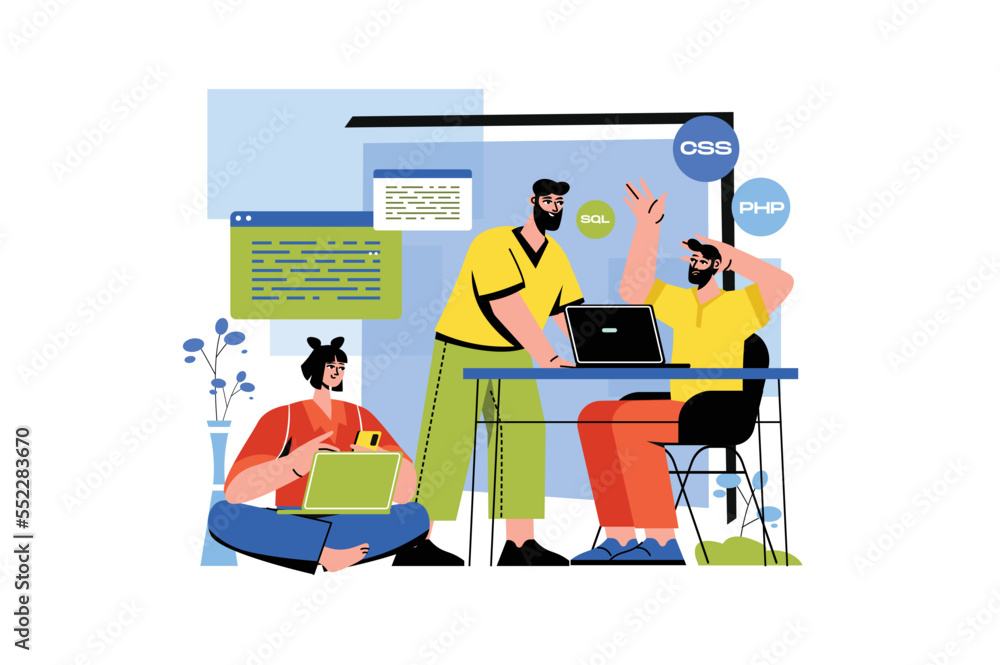 Poster coding color concept with people scene in the flat cartoon style. team of programmers work on the cr