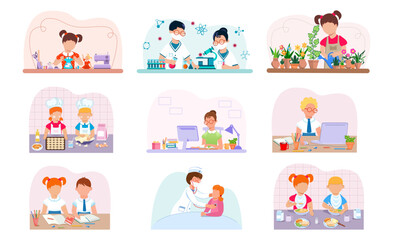 Types of professions and occupations. Set of 9 illustrations with characters depicting daily activities. Medicine, housework, teaching, design, sewing, cooking, botany. Education and Practice