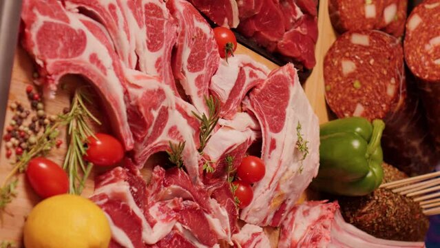 Vertical Screen: Wide range of processed and raw meat goods on the table. Layout of various meat hunks and sausages decorated with vegetables.