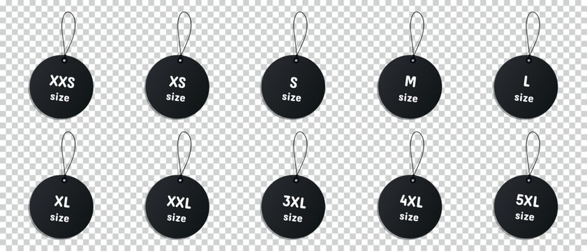 Black Clothing Size Labels - Different Vector Illustrations Isolated On Transparent Background