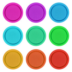 Nine round circles wheels plastic lids isolated on white background. Colorful objects with shades of colors. Abstract art minimal concept 