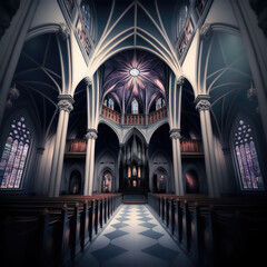Church Cathedral Symmetrical View of Pews and Columns | Midjourney Ai Generated 