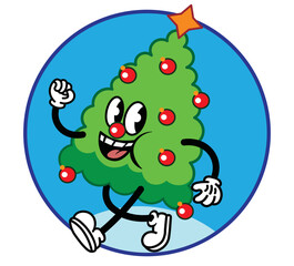 Vintage cartoon walking new year tree, comic pine tree mascot, logo and sticker concept