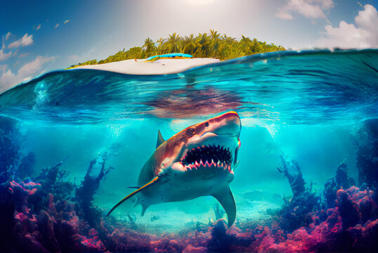shark with big jaw and sharp teeth attacks underwater in ocean, generative AI illustration