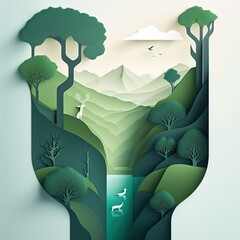 papercut illustration, vertical landscape, minimalist of green mountain , tree, river and deer, AI