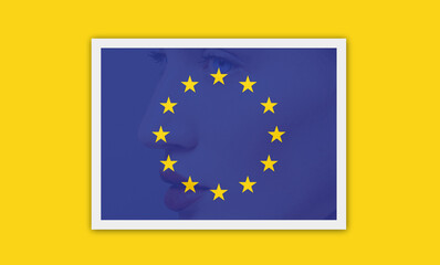 Woman's face with european union flag icon on yellow background.