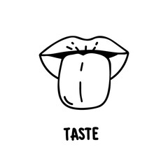 Taste scheme concept. Vector flat modern color illustration. Tongue with lips. Mouth tasty sense symbol. Umami, sweet, sour, bitter, salty symbol icons. Tongue zone infographic.