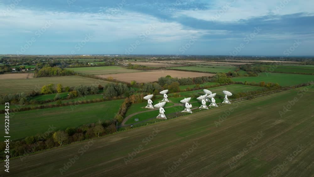Poster aerial view towards mullard mrao radio telescope observatory array on cambridge farming countryside