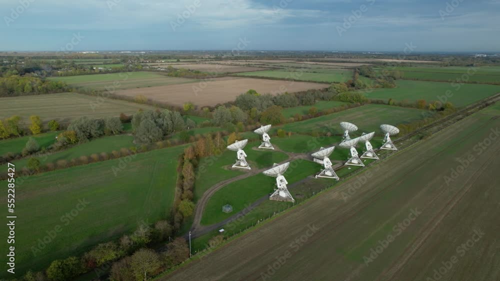 Poster mullard mrao radio observatory telescope array on cambridge farming countryside aerial orbiting view