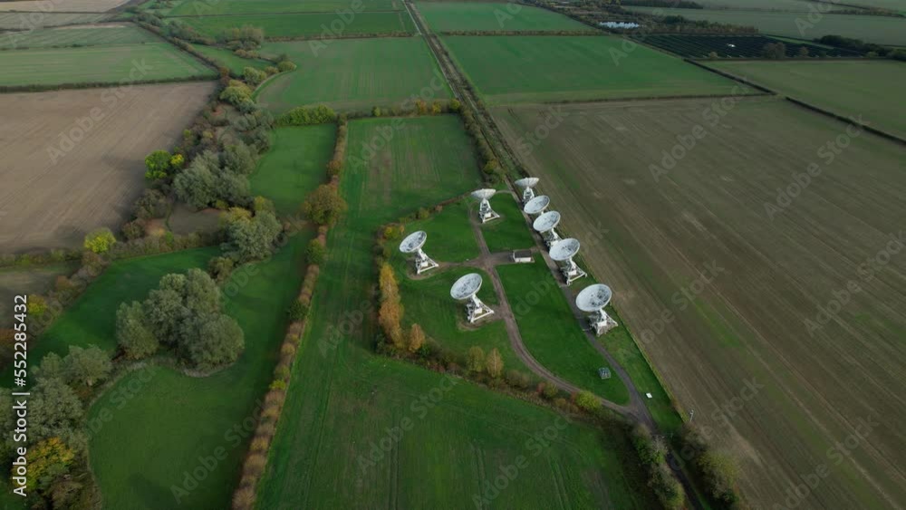 Poster mullard mrao radio observatory telescope array on cambridge farmland aerial orbiting view