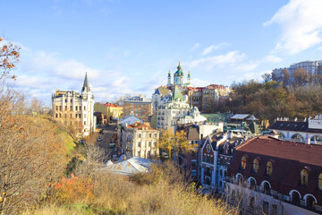 Fototapeta na wymiar St. Andrew's Church and Richard's Castle on Andreevsky Spusk in Kyiv, Ukraine 