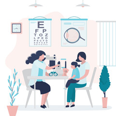 Doctor checks small child vision. Mother with daughter on exam at ophthalmologist. Instruments for eye examination. Ophthalmology, eyesight check, healthcare.