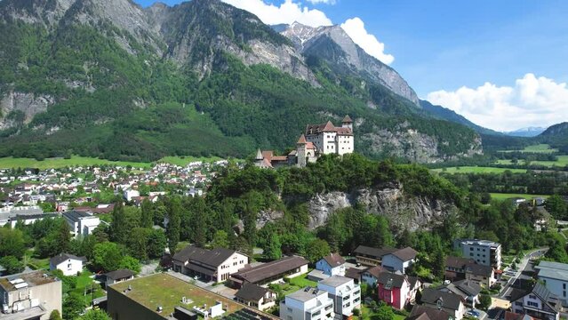 Aerial view of Town of Balzers Liechtenstein with Gutenberg Castle and mountains