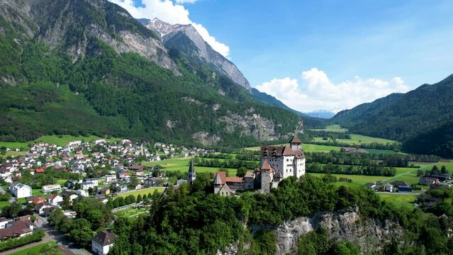 Aerial Pan in of White European Gutenberg Castle in the mountains