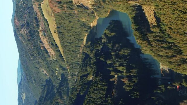 Aerial vertical video of Olt River running through Hasmas Mountains Romania