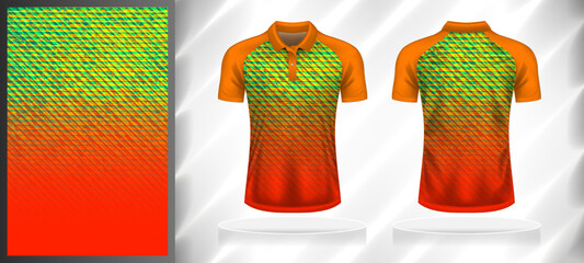 Vector sport pattern design template for Polo T-shirt front and back with short sleeve view mockup. Orange-yellow-red-green color gradient abstract grunge line texture background illustration.
