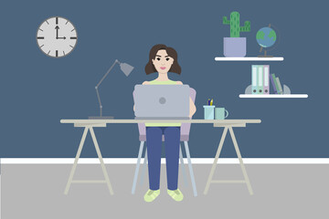 Home office concept, woman working from home sitting at her workplace. Illustration.