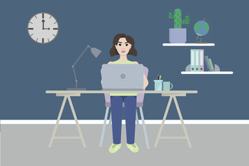 Home office concept, woman working from home sitting at her workplace. Vector illustration.