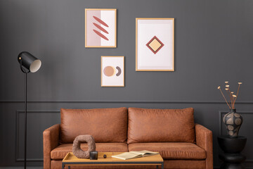 Interior design of aesthetic and elegant room with mock up poster frame, brown sofa, wooden coffee...