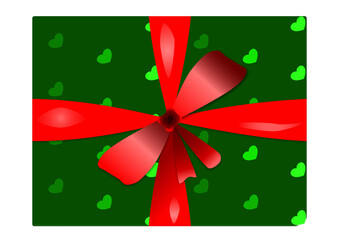 Cadeau de Noël empaqueté dans un papier vert orné de cœurs et d'un ruban rouge - obrazy, fototapety, plakaty