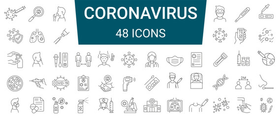 Set of 48 coronavirus COVID-19 pandemic respiratory pneumonia 2019-nCoV line icons. Editable stroke - obrazy, fototapety, plakaty