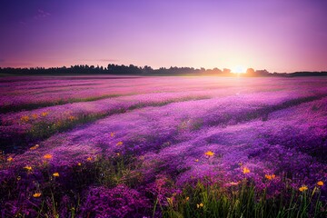 Fototapeta premium Tranquil sunset over a pink and purple field. 