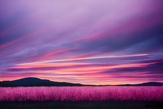 Tranquil sunset over a pink and purple field. 