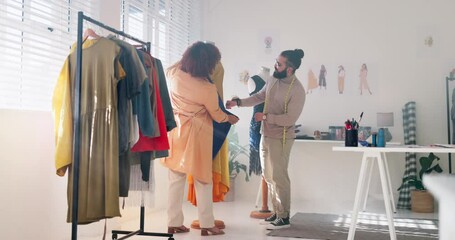 Fashion designer, talking or fabric check in workshop, manufacturing retail store or small business with customer. Man, woman or clothing tailor and seamstress with material ideas in stylish branding