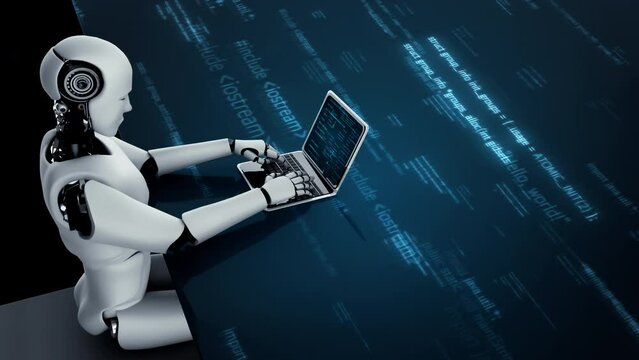 Futuristic robot artificial intelligence huminoid AI programming coding technology development and machine learning concept. Robotic bionic science research for future of human life. 3D rendering.