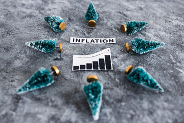Inflation graph with stats going up surrounded by mini Christmas trees, cost of living rising during the 2022 festive season