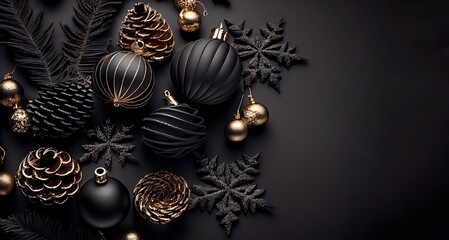 Luxury Christmas black and gold decorations on black background. Flat lay composition with empty space for text. AI generated image.