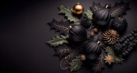 Luxury Christmas black and gold decorations on black background. Flat lay composition with empty space for text. AI generated image.